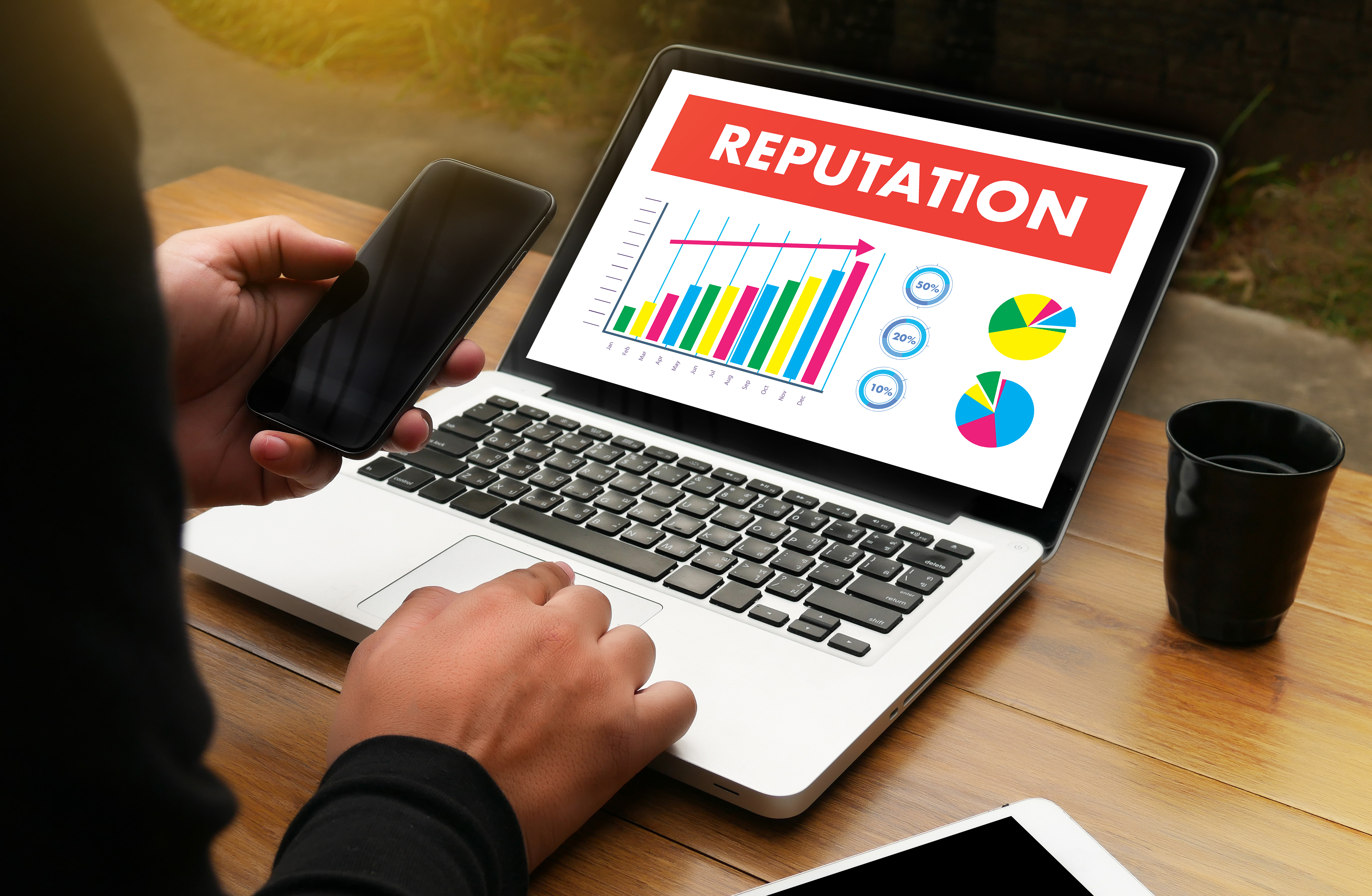an open laptop with the word Reputation written along with two pie charts and a bar graph.